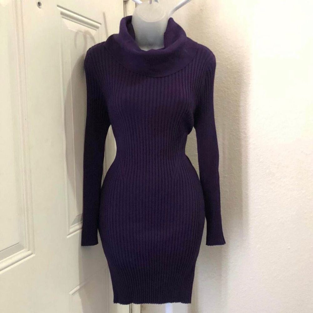 Y2K Fitted bodycon cowl mock turtleneck sweater dress off shoulder ribbed knit